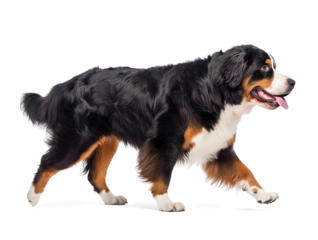 Bernese Mountain Dog in walking active pose, isolated background