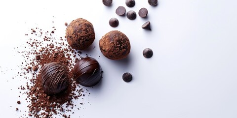 A stack of assorted chocolates on a clean white surface