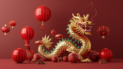 Obraz premium Chinese dragon 3D banner with new year of Gold Rabbit 2023 podium, red background, golden money, party green render, chinese new year celebration
