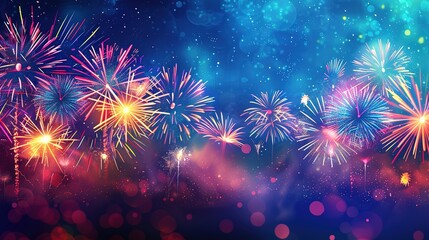 Vibrant New Year fireworks display against dark background with blurred foreground. High definition photography with festive style