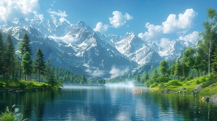 Camping trip by a serene lake, with a campfire, tents, and  surrounded by forest and mountains.