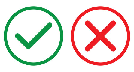 Set of red X and green check mark icon with stroke line. Tick and cross checkmark icon. Check mark and wrong mark icon design. Yes and no buttons.  Vector illustration. © Vector Vista