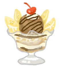 サクランボが乗ったバナナチョコレートパフェ