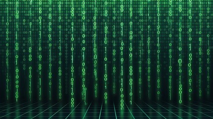 Digital Matrix ,The essence of digital technology, where a cascade of ones and zeros descends like a digital rain within a sleek, dark grid illuminated by the vibrant green glow of binary code