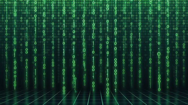 Digital Matrix ,The essence of digital technology, where a cascade of ones and zeros descends like a digital rain within a sleek, dark grid illuminated by the vibrant green glow of binary code