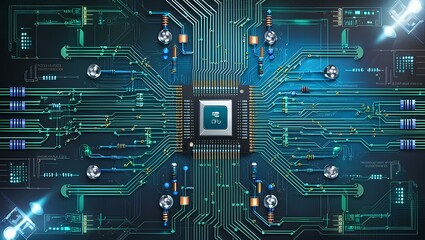 Fototapeta premium Electronic Blueprint, A digital artwork featuring intricate circuit patterns that resemble a electronic blueprint