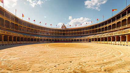 Historic bullring in Madrid, Spain, featuring classical architecture and a sandy arena with flags waving in the background.