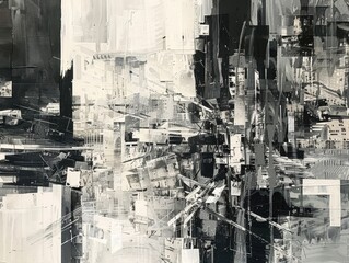 Fototapeta premium Abstract black and white painting with geometric shapes, modern artistic expression in monochrome, dynamic lines and textures.