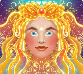 Golden Goddess with Glowing Hair and Stars