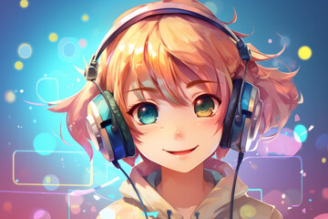 Delightful anime art featuring a cute girl with headphones and a mesmerizingly beautiful face.