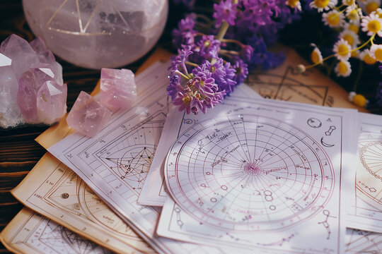 Astrology. Astrologer calculates natal chart and makes a forecast of fate Tarot cards, Fortune telling on tarot cards magic crystal, occultism, Esoteric background. Fortune telling,tarot predictions