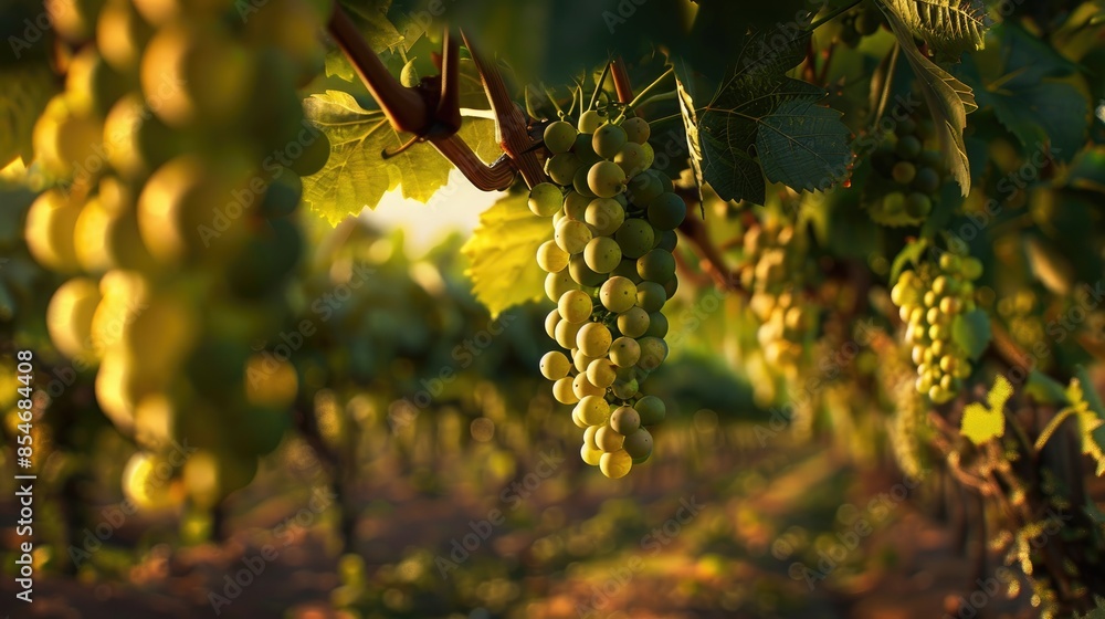 Poster zoomed in view of grapes in a vineyard