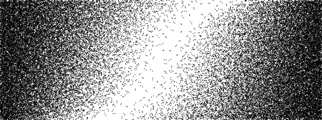 Noisy gradient bg with raster texture. Monochrome vector tone gradation illustration with grunge halftone pattern. Ink chaotic gritty illustration. Mezzotint shadow