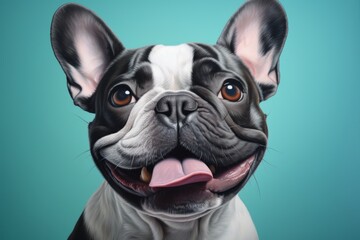 Portrait of a smiling french bulldog over soft teal background