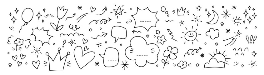 Cute vector line doodles with hearts, sparks, arrows, speech bubbles in Japanese anime style. Glitter pen expressions of love, passion, attention. Cute Valentines day doodle sticker set