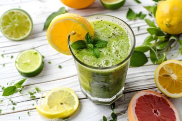 Fototapeta premium smoothie with herbs and citrus fruits on a white wooden table.