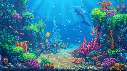 Naklejka premium An underwater scene with colorful coral reefs, fish, and sunken treasures , pixel art, game assets