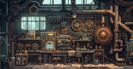 Fototapeta premium A steampunk workshop with gears, pipes, and intricate machinery , pixel art, game assets