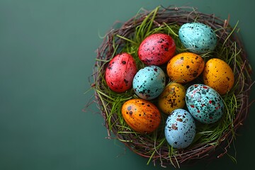 Colorful Speckled Easter Eggs in Nest - Spring Celebration Design for Posters and Cards