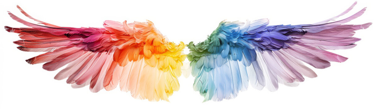 Colorful rainbow angel wings isolated on white background