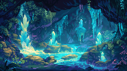 Obraz premium A mystical cave with glowing crystals, underground rivers, and hidden treasures , pixel art, game assets