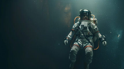 Fototapeta premium A female space explorer in an advanced space suit, floating in zero gravity , with copy space