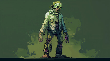 A pixel art zombie with tattered clothes and green skin , game assets, pixel art