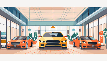 modern car at showroom. Inside building, no people. Concept of sale new vechicle