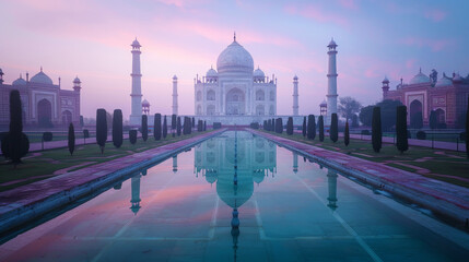 Obraz premium Serene twilight at the iconic Taj Mahal with reflective water in Agra