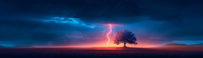 Obraz premium Tree ablaze in a rainstorm, struck by lightning, under a dark, thunderous sky, capturing a dramatic scene of natures fury