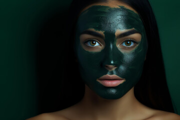Striking image of woman with green makeup and black mask, showcasing beauty and mystery.