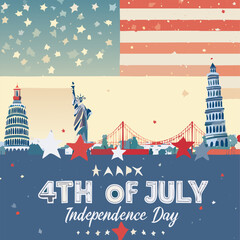 Fototapeta premium banner of 4th of July happy independence day of USA, view of city and nation flag vector illustration