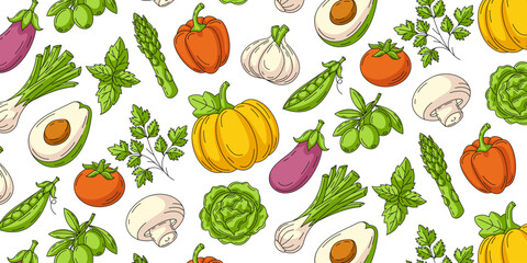 Vegetables seamless pattern, isolated white background. Veggies colorful vector icons set, horizontal banner. Organic food, natural eco product, harvesting. For cover, wrapping paper, textile print