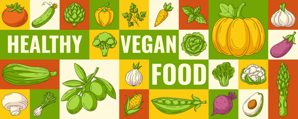 Healthy vegan food. Vector geometric modern horizontal banner, eco veggies icons. Fresh farm natural vegetables. Minimal abstract layout for poster, menu, flyer, cover, farmers market, brochure