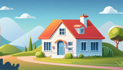 Summer time with house and landscape with field, blue sky. Vector illustration a