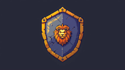 A pixel art shield with a lion emblem and gold trim , game assets, pixel art