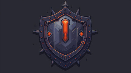Fototapeta premium A pixel art spiked shield with a dark metallic finish , game assets, pixel art