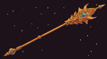A pixel art spear with an intricate, golden tip adorned with jewels , game assets, pixel art