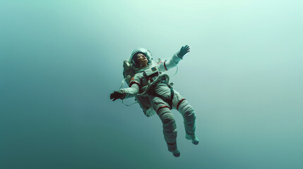 Fototapeta premium A female space explorer in an advanced space suit, floating in zero gravity , with copy space