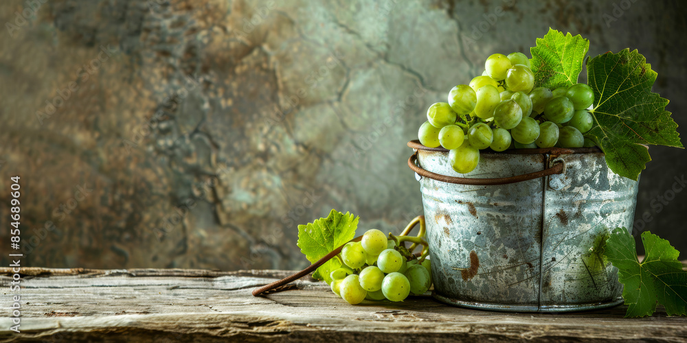 Wall mural a basket of grapes sits on a wooden table