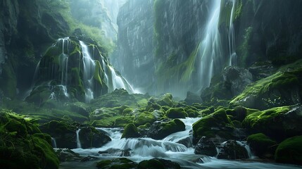 Detailing the pristine beauty of a mountain river, cascading over moss-covered rocks and surrounded...