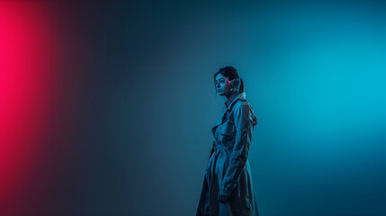 A futuristic female detective in a trench coat with advanced gadgets , with copy space
