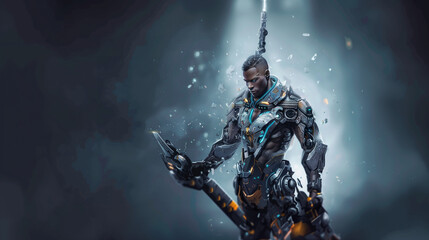 Fototapeta premium A male warrior with a robotic arm and a plasma sword , with copy space