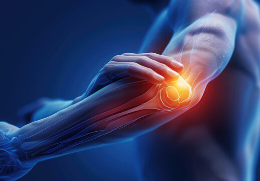 A 3D model of an elbow joint is shown, highlighting areas of pain and inflammation with bright red and orange colors. Generative AI.