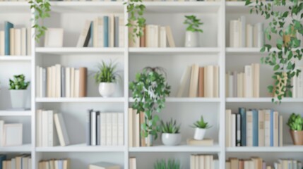 Blurred background of a home library with white bookshelves full of books and plants