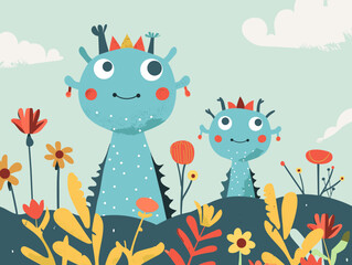 Naklejka premium Cute monsters and flowers in the meadow. Vector illustration.