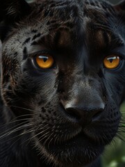 A close up portrait of a black panther with piercing golden eyes