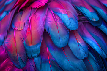 A close up of a bird s feathers, with a mix of blue and pink colors