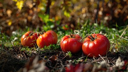 Ripe red tomatoes resting on the parched lawn in the fall garden