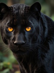 A close up portrait of a black panther with piercing golden eyes